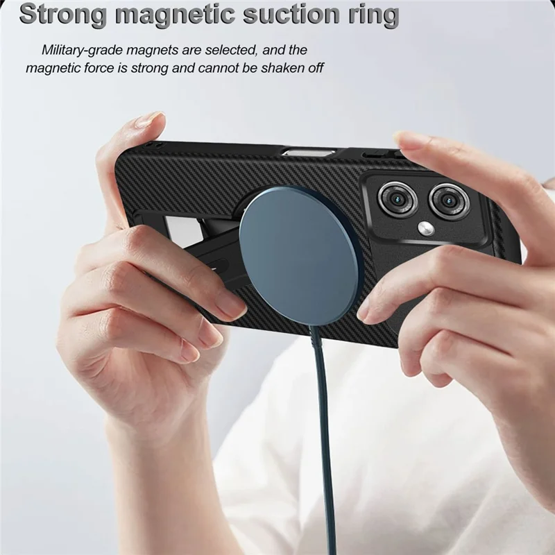 For Motorola Moto G55 5G Case Carbon Fiber Texture PC + TPU Phone Cover with Kickstand - Black