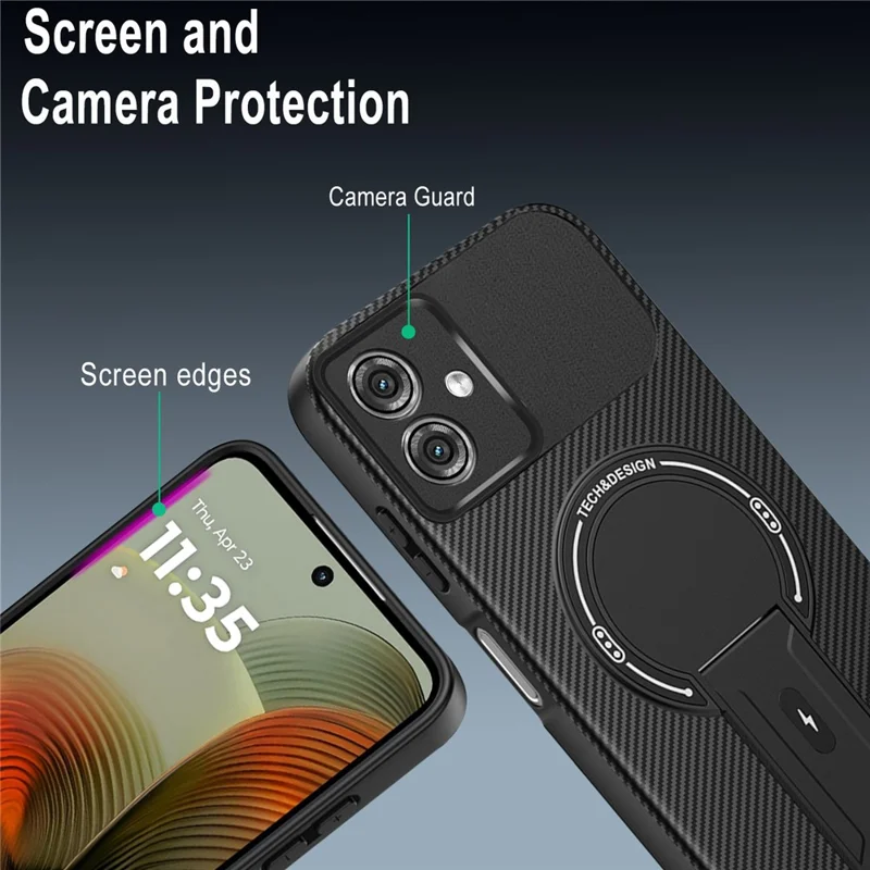 For Motorola Moto G55 5G Case Carbon Fiber Texture PC + TPU Phone Cover with Kickstand - Black