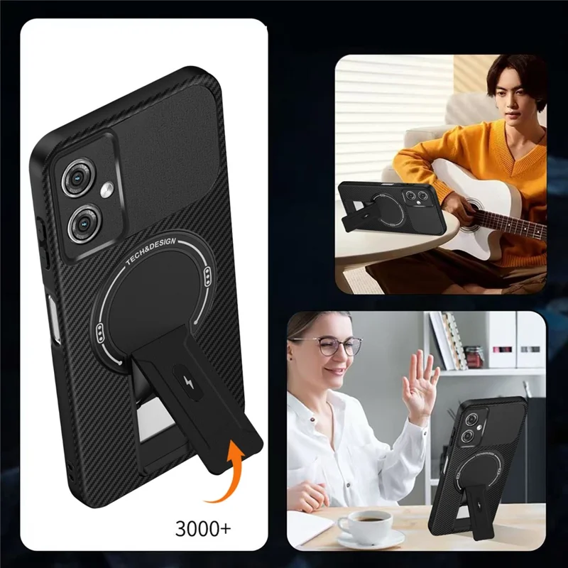 For Motorola Moto G55 5G Case Carbon Fiber Texture PC + TPU Phone Cover with Kickstand - Black