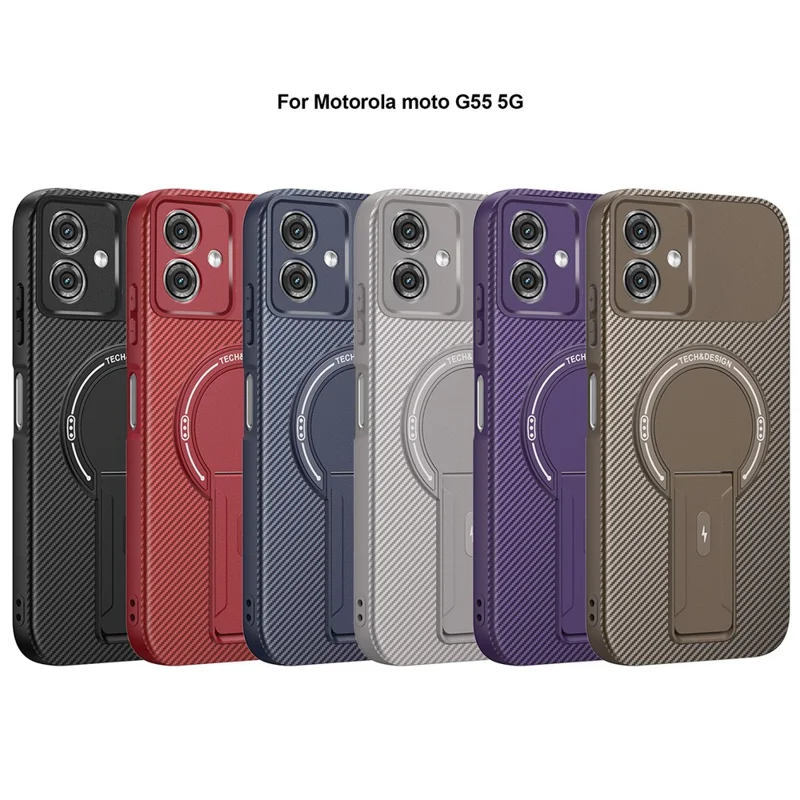 For Motorola Moto G55 5G Case Carbon Fiber Texture PC + TPU Phone Cover with Kickstand - Black