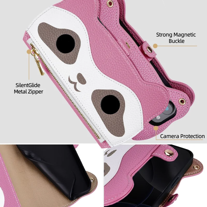 For iPhone 17 Case Makeup Mirror Wallet Cute Raccoon Leather Phone Cover with Wrist / Shoulder Strap - Pink
