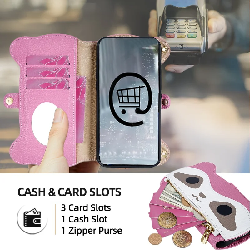 For iPhone 17 Case Makeup Mirror Wallet Cute Raccoon Leather Phone Cover with Wrist / Shoulder Strap - Pink