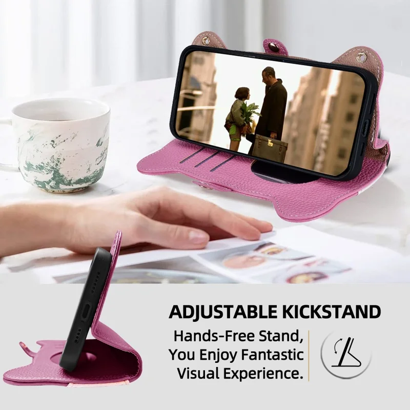 For iPhone 17 Case Makeup Mirror Wallet Cute Raccoon Leather Phone Cover with Wrist / Shoulder Strap - Pink