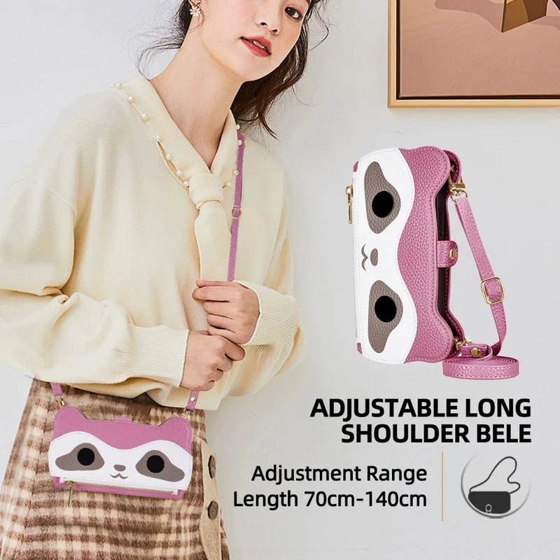 For iPhone 17 Case Makeup Mirror Wallet Cute Raccoon Leather Phone Cover with Wrist / Shoulder Strap - Pink