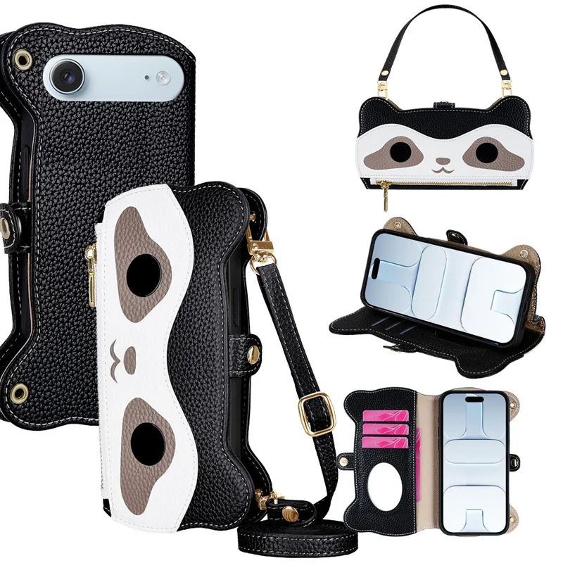 For iPhone Air Case Makeup Mirror Wallet Cute Raccoon Leather Phone Cover with Wrist / Shoulder Strap - Black