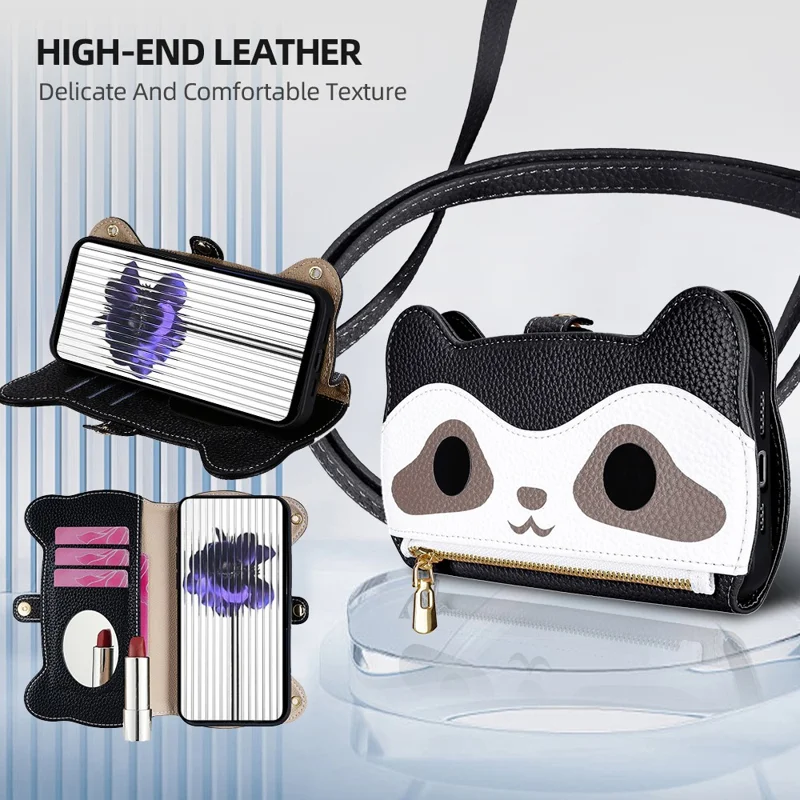 For iPhone Air Case Makeup Mirror Wallet Cute Raccoon Leather Phone Cover with Wrist / Shoulder Strap - Black