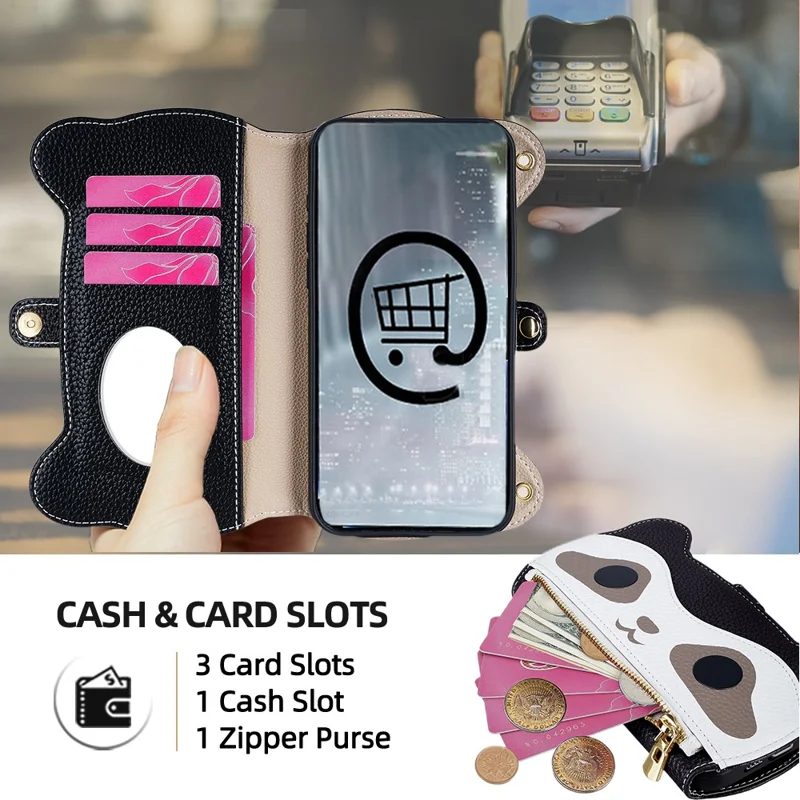 For iPhone Air Case Makeup Mirror Wallet Cute Raccoon Leather Phone Cover with Wrist / Shoulder Strap - Black