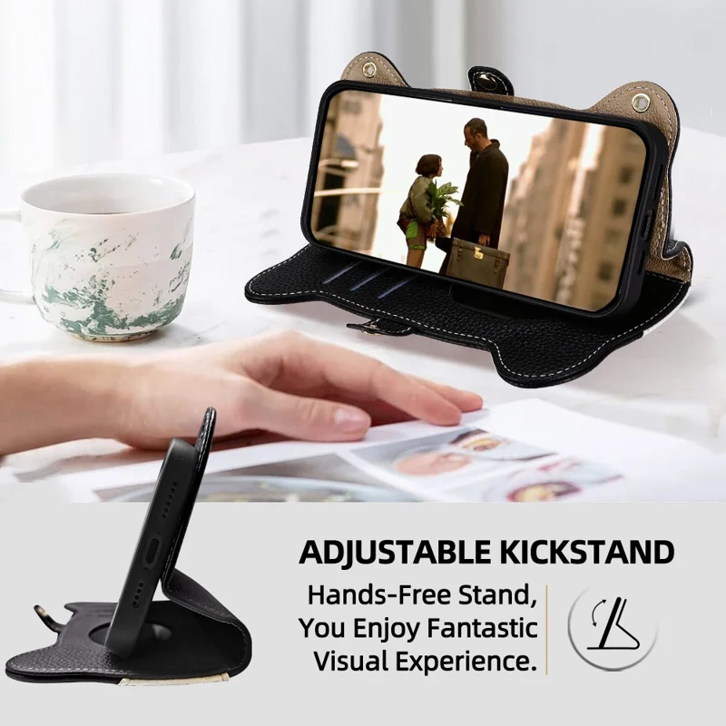 For iPhone Air Case Makeup Mirror Wallet Cute Raccoon Leather Phone Cover with Wrist / Shoulder Strap - Black