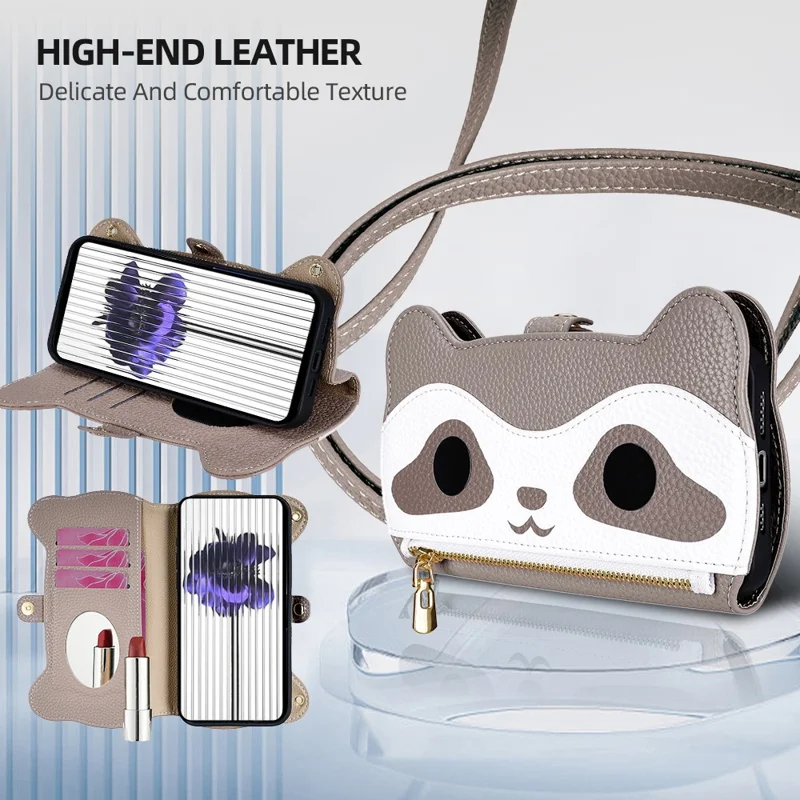 For iPhone 17 Pro Case Makeup Mirror Wallet Cute Raccoon Leather Phone Cover with Wrist / Shoulder Strap - Grey