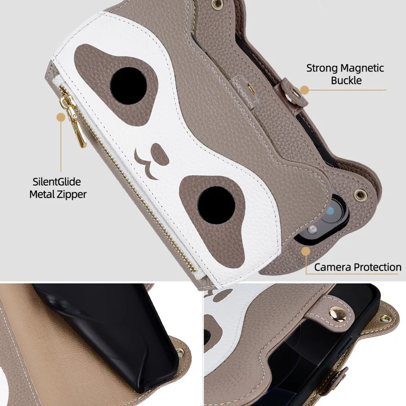 For iPhone 17 Pro Case Makeup Mirror Wallet Cute Raccoon Leather Phone Cover with Wrist / Shoulder Strap - Grey