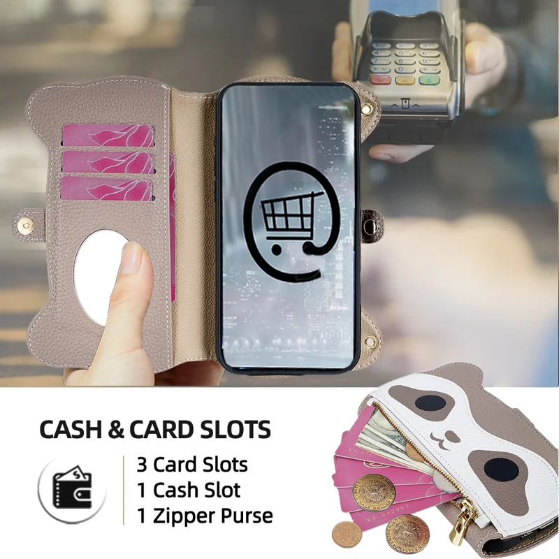 For iPhone 17 Pro Case Makeup Mirror Wallet Cute Raccoon Leather Phone Cover with Wrist / Shoulder Strap - Grey