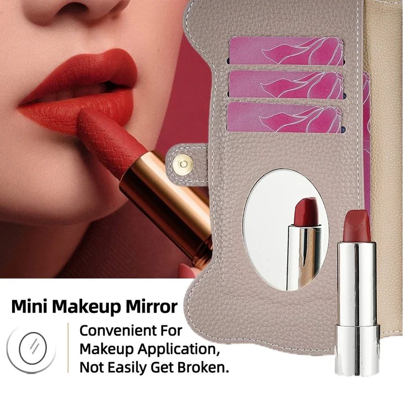 For iPhone 17 Pro Case Makeup Mirror Wallet Cute Raccoon Leather Phone Cover with Wrist / Shoulder Strap - Grey