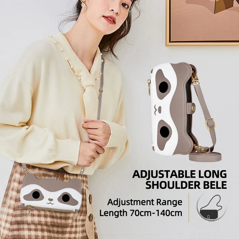 For iPhone 17 Pro Case Makeup Mirror Wallet Cute Raccoon Leather Phone Cover with Wrist / Shoulder Strap - Grey