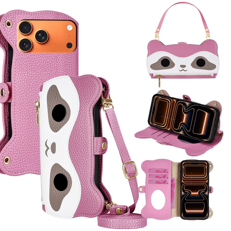 For iPhone 17 Pro Max Case Makeup Mirror Wallet Cute Raccoon Leather Phone Cover with Wrist / Shoulder Strap - Pink