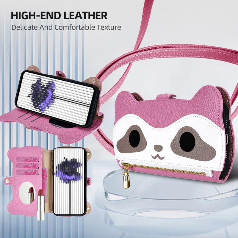 For iPhone 17 Pro Max Case Makeup Mirror Wallet Cute Raccoon Leather Phone Cover with Wrist / Shoulder Strap - Pink