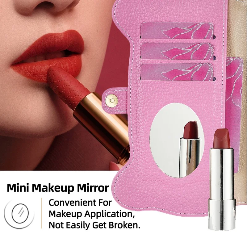 For iPhone 17 Pro Max Case Makeup Mirror Wallet Cute Raccoon Leather Phone Cover with Wrist / Shoulder Strap - Pink