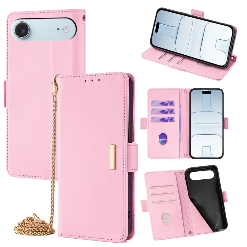 For iPhone Air Case PU Leather Wallet Stand Phone Cover with Crossbody Shoulder Strap - Pink