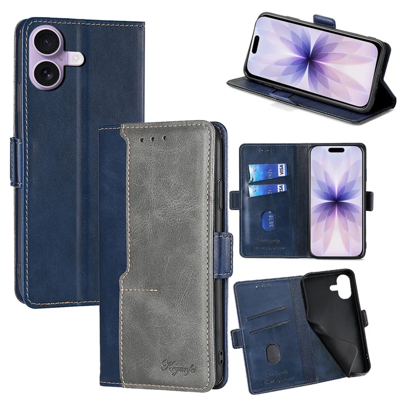 For iPhone 17 Case Contrast Color Wallet Leather Phone Cover - Blue + Grey