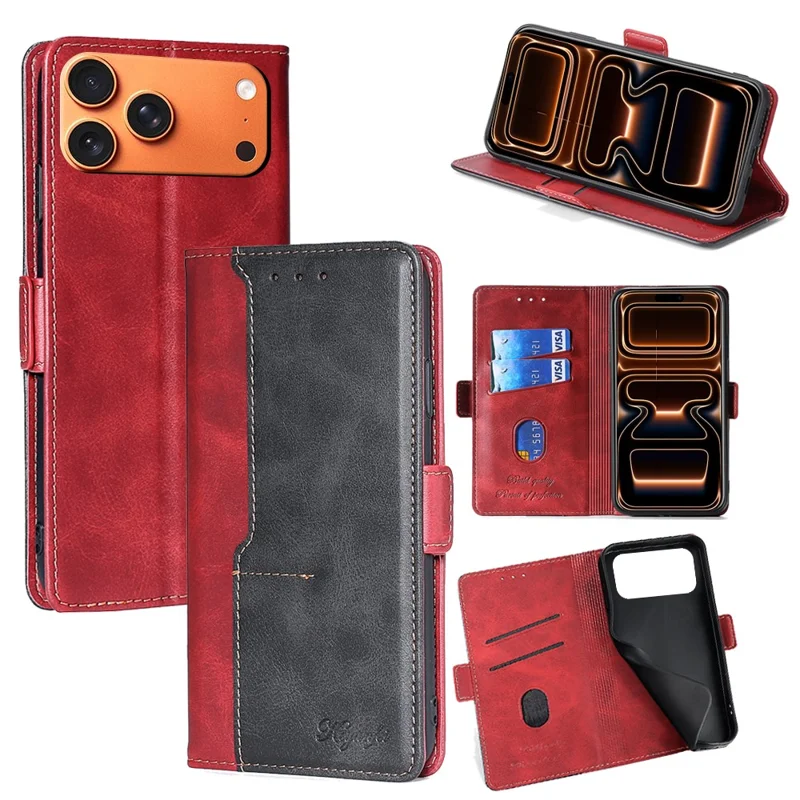 For iPhone 17 Pro Case Contrast Color Wallet Leather Phone Cover - Black + Red