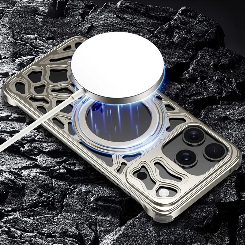 For iPhone 17 Pro Max Bumper Case Alloy Metal Borderless Back Cover with Magnetic Kickstand - Titanium