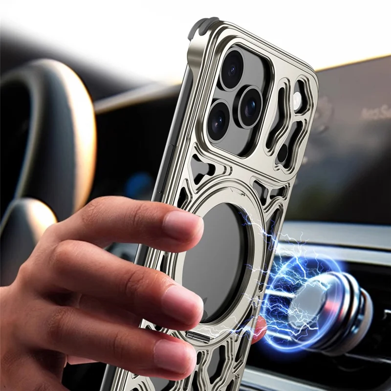 For iPhone 17 Pro Bumper Case Alloy Metal Borderless Back Cover with Magnetic Kickstand - Titanium