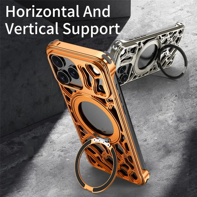 For iPhone 17 Pro Bumper Case Alloy Metal Borderless Back Cover with Magnetic Kickstand - Titanium