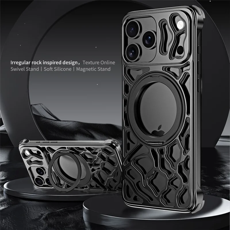 For iPhone 17 Pro Bumper Case Alloy Metal Borderless Back Cover with Magnetic Kickstand - Black