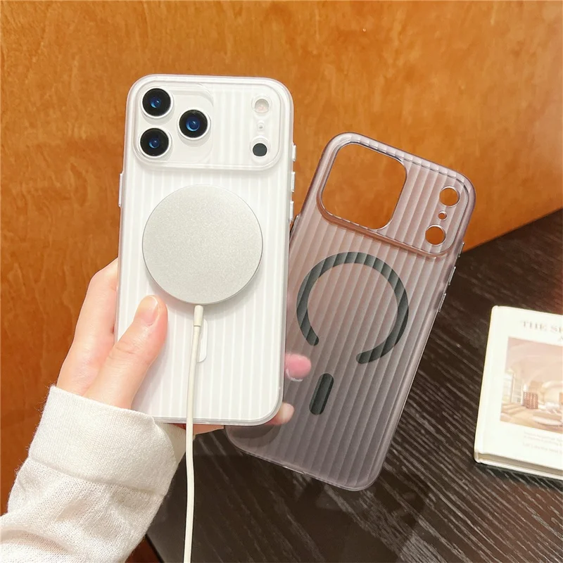 For iPhone 17 Pro Max Case Compatible with MagSafe Corrugated Texture Hard PC Phone Cover - Transparent Black