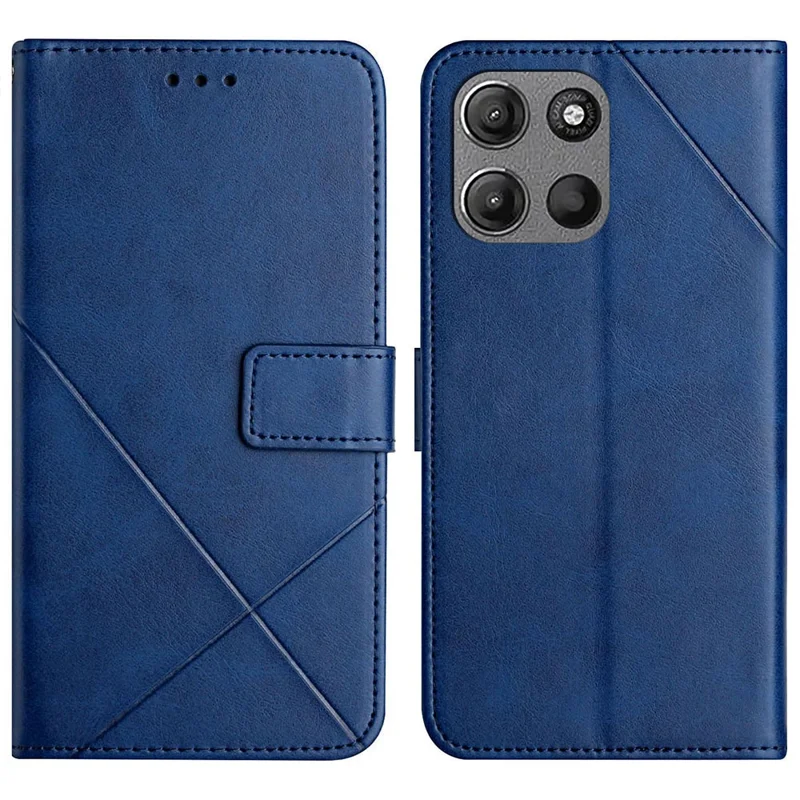 For Motorola Moto G15 4G  /  G15 Power 4G Case Line Pattern Wallet Leather Phone Cover with Wrist Strap - Blue