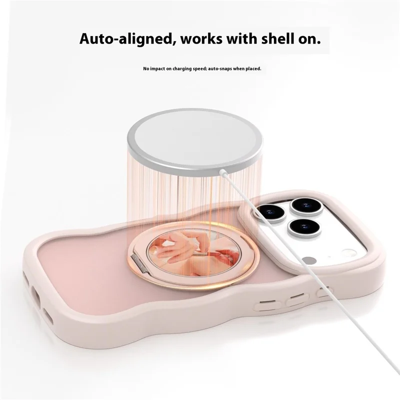 For iPhone 17 Pro Magnetic Case Wave Edge TPU + Acrylic Phone Cover with Mirror Kickstand - Pink