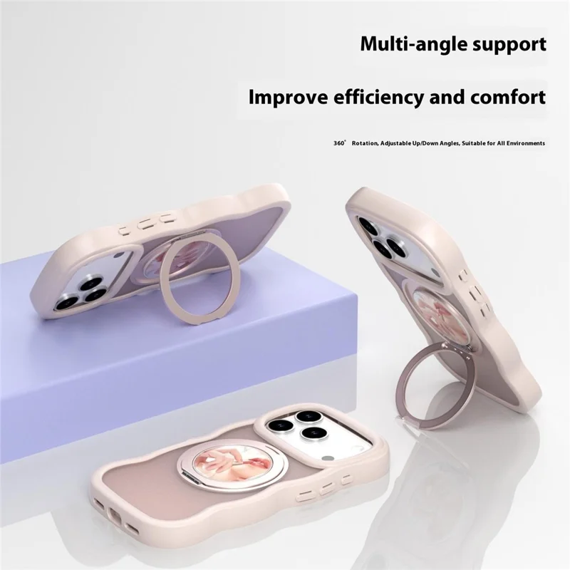 For iPhone 17 Pro Magnetic Case Wave Edge TPU + Acrylic Phone Cover with Mirror Kickstand - Pink
