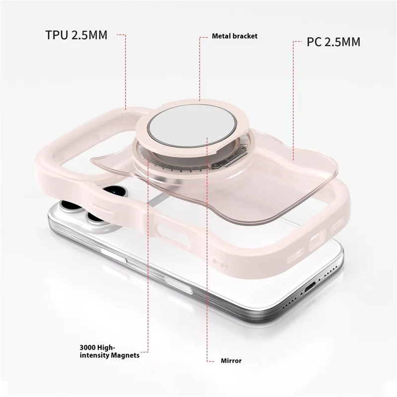 For iPhone 17 Pro Magnetic Case Wave Edge TPU + Acrylic Phone Cover with Mirror Kickstand - Pink