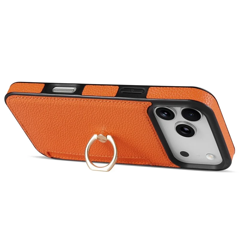 For iPhone 17 Pro Case Ring Kickstand PU + TPU Card Holder Telefoonhoesje - Oranje