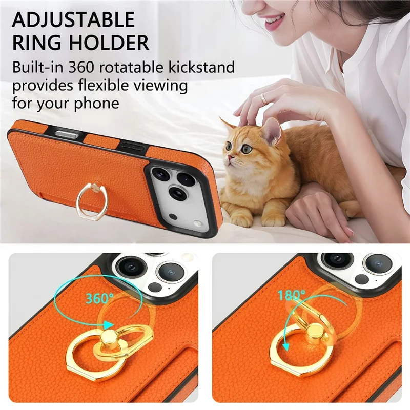 For iPhone 17 Pro Case Ring Kickstand PU + TPU Card Holder Telefoonhoesje - Oranje