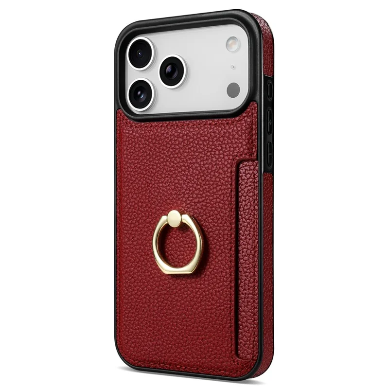 For iPhone 17 Pro Case Ring Kickstand PU + TPU Card Holder Phone Cover - Red