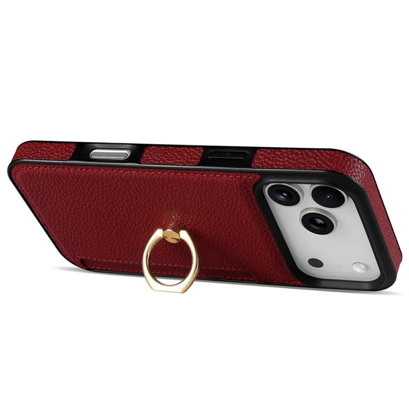 For iPhone 17 Pro Case Ring Kickstand PU + TPU Card Holder Phone Cover - Red