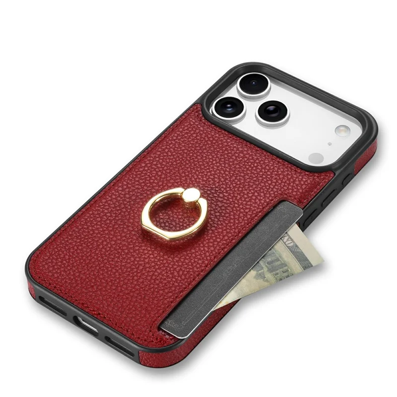 For iPhone 17 Pro Case Ring Kickstand PU + TPU Card Holder Phone Cover - Red