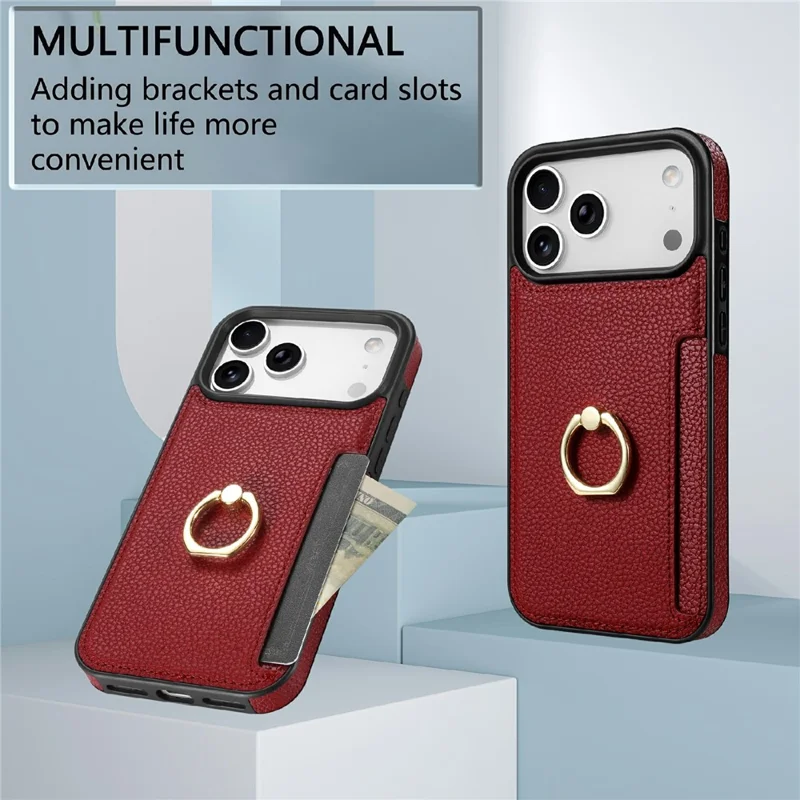 For iPhone 17 Pro Case Ring Kickstand PU + TPU Card Holder Phone Cover - Red