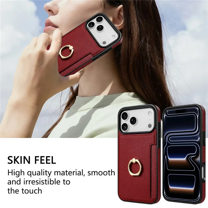 For iPhone 17 Pro Case Ring Kickstand PU + TPU Card Holder Phone Cover - Red