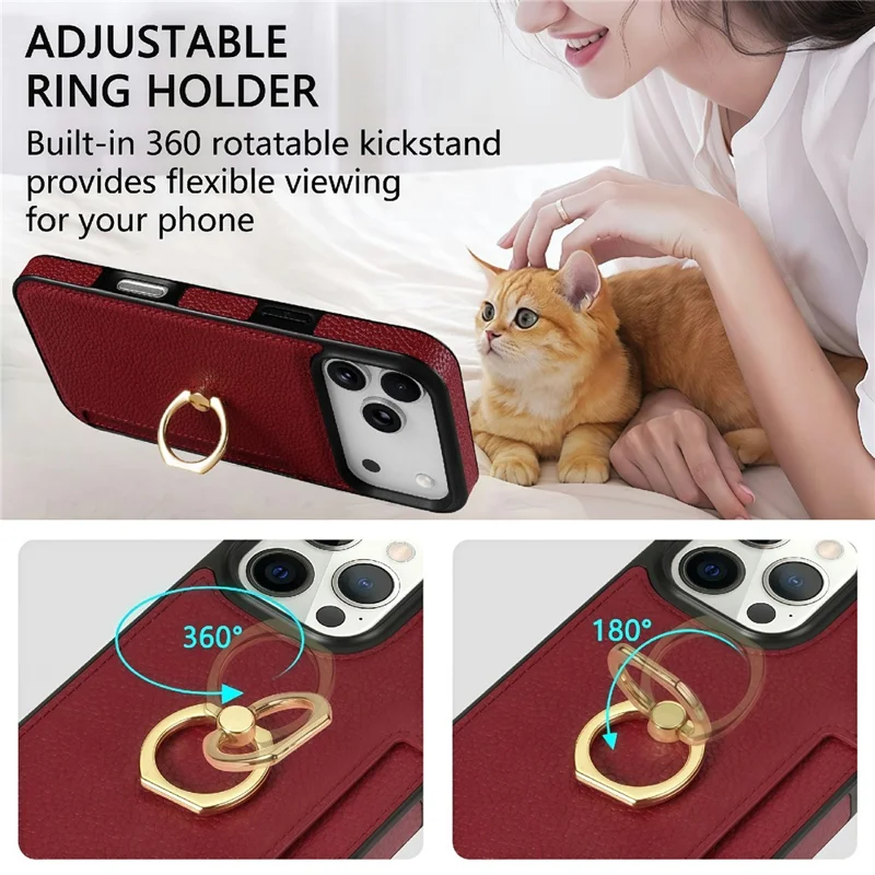 For iPhone 17 Pro Case Ring Kickstand PU + TPU Card Holder Phone Cover - Red