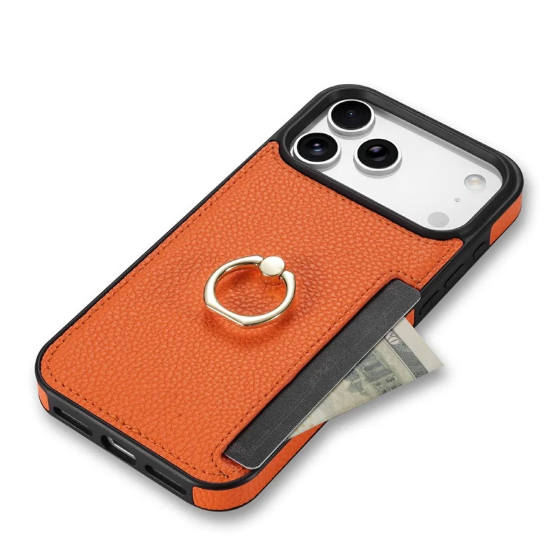 For iPhone 18 Pro Max / 17 Pro Max Case Ring Kickstand PU + TPU Card Holder Phone Cover - Orange