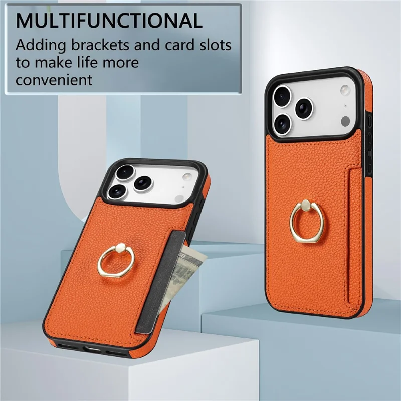 For iPhone 18 Pro Max / 17 Pro Max Case Ring Kickstand PU + TPU Card Holder Phone Cover - Orange