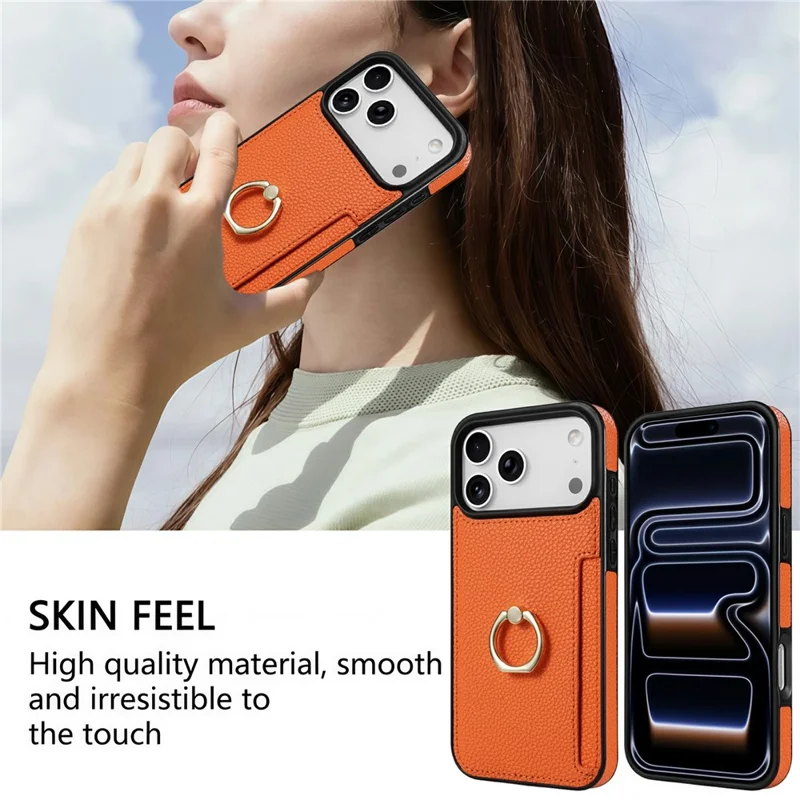For iPhone 18 Pro Max / 17 Pro Max Case Ring Kickstand PU + TPU Card Holder Phone Cover - Orange