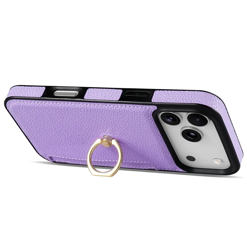 For iPhone 17 Pro Max Case Ring Kickstand PU + TPU Card Holder Phone Cover - Purple