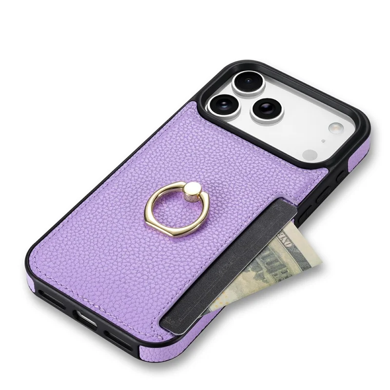 For iPhone 17 Pro Max Case Ring Kickstand PU + TPU Card Holder Phone Cover - Purple