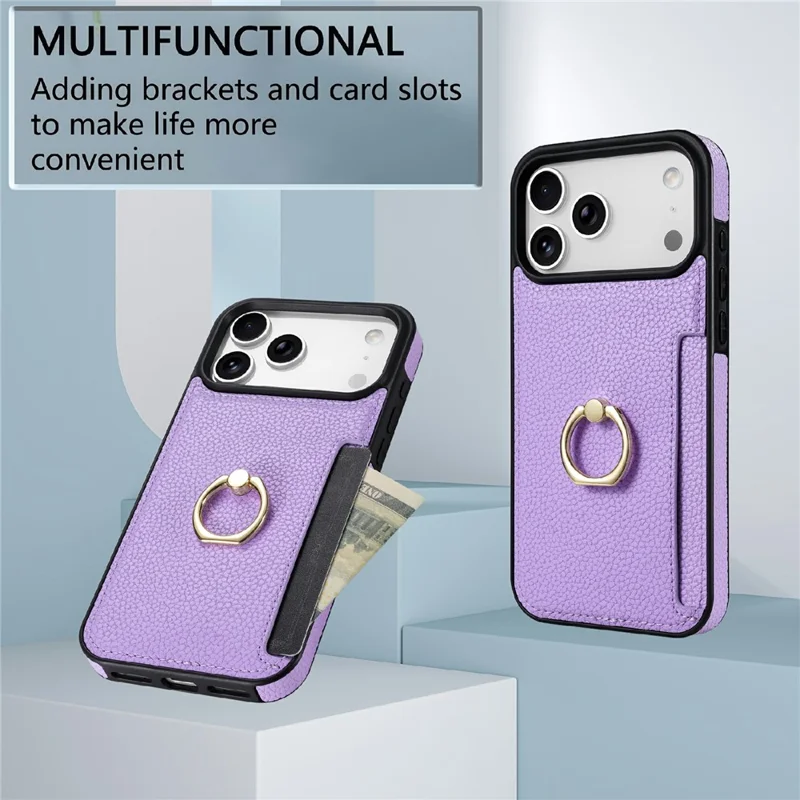 For iPhone 17 Pro Max Case Ring Kickstand PU + TPU Card Holder Phone Cover - Purple