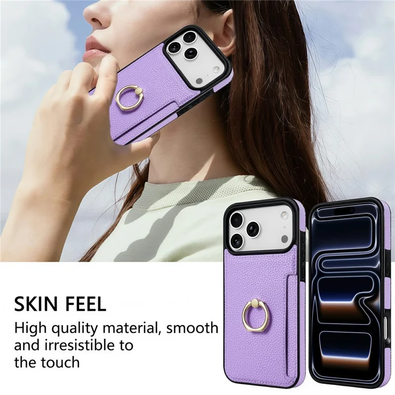 For iPhone 17 Pro Max Case Ring Kickstand PU + TPU Card Holder Phone Cover - Purple