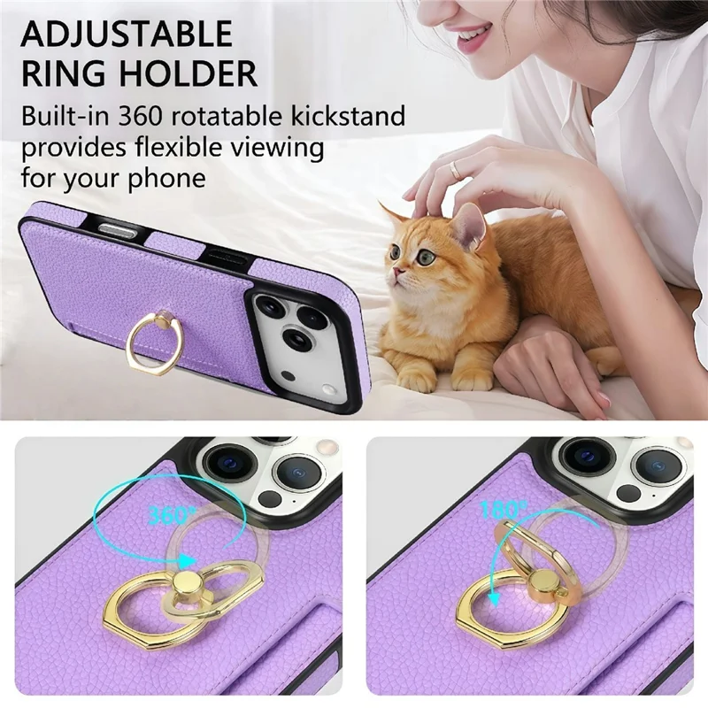For iPhone 17 Pro Max Case Ring Kickstand PU + TPU Card Holder Phone Cover - Purple
