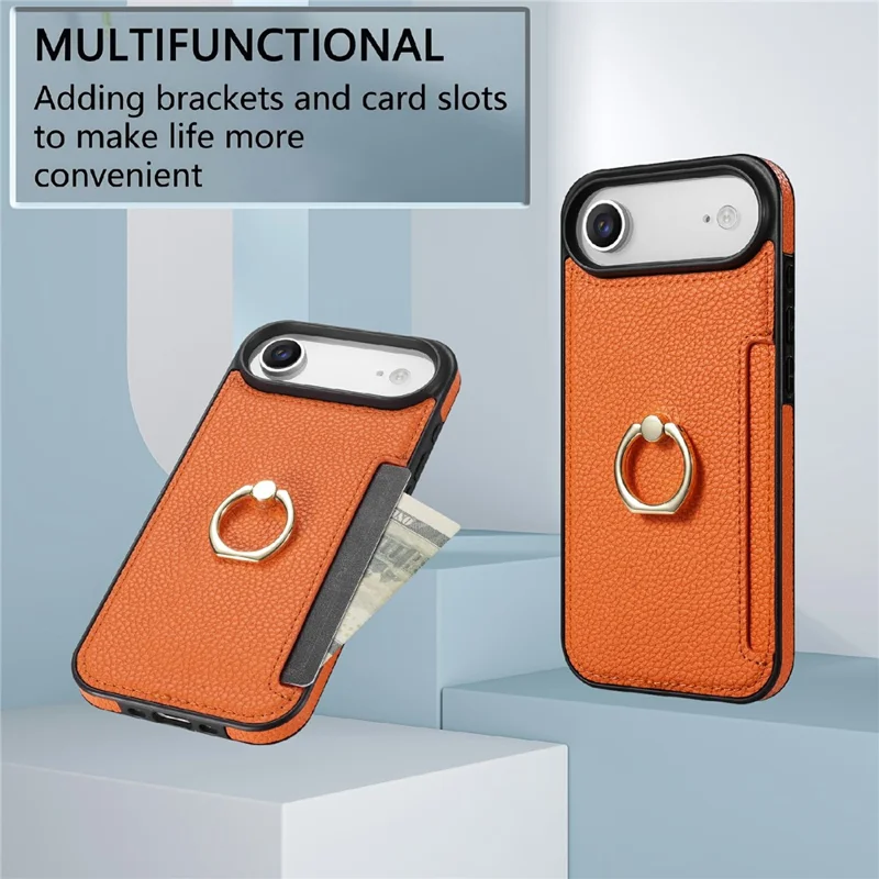 For iPhone Air Case Ring Kickstand PU + TPU Card Holder Phone Cover - Orange