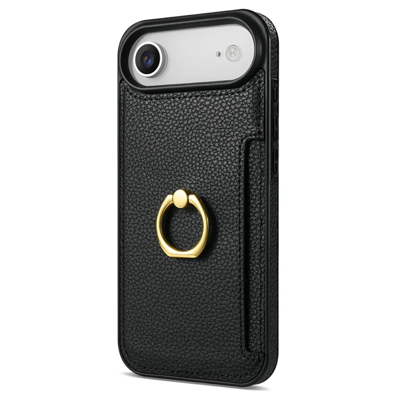 For iPhone Air Case Ring Kickstand PU + TPU Card Holder Phone Cover - Black